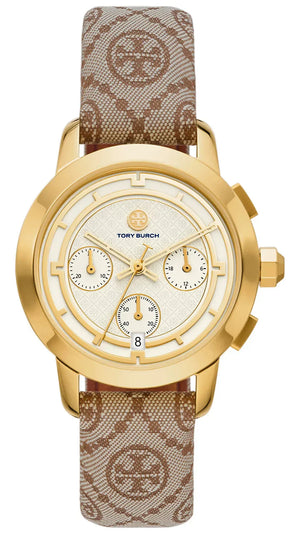 Tory Burch The Tory Chronograph White Dial Maroon Jacquard Strap Watch for Women - TBW1050 Authentic Buy Shop Now