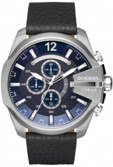 Diesel Mega Chief Chronograph Blue Dial Black Leather Strap Watch For Men - DZ4423 Authentic Buy Shop Now