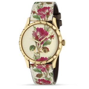 Gucci G Timeless Floral Gold Dial White Leather Strap Watch For Women - YA1264084 Authentic Buy Shop Now