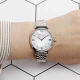 Emporio Armani Gianni T-Bar Mother of Pearl Dial Two Tone Steel Strap Watch For Women - AR1987 Authentic Buy Shop Now