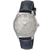 Gucci G-Timeless Signature Mother of Pearl Silver Dial Blue Leather Strap Watch For Women - YA1264049 Authentic Buy Shop Now