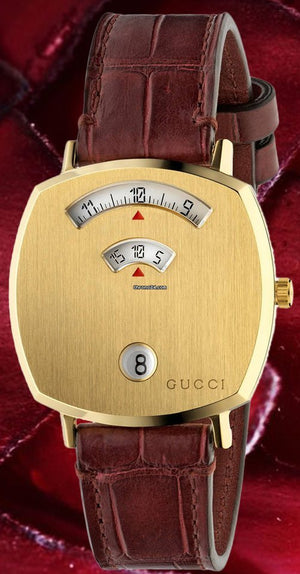 Gucci Grip Quartz Yellow Gold Dial Maroon Leather Strap Watch For Women - YA157405 Authentic Buy Shop Now