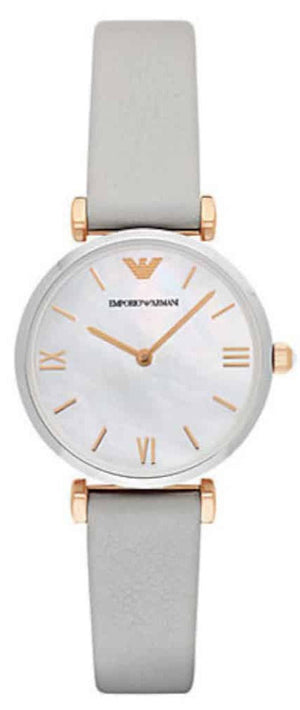 Emporio Armani Gianni T Bar Quartz Mother of Pearl Dial White Leather Strap Watch For Women - AR1965 Authentic Buy Shop Now