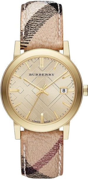 Burberry The City Gold Dial Haymarket Brown Leather Strap Watch for Women - BU9026 Authentic Buy Shop Now