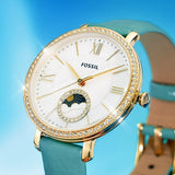 Fossil Jacqueline Analog Moonphase Mother of Pearl White Dial Green Leather Strap Watch for Women - ES5168 Authentic Buy Shop Now
