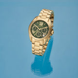Michael Kors Bradshaw Chronograph Green Dial Gold Steel Strap Watch For Women - MK7257 Authentic Buy Shop Now