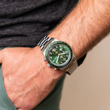 Fossil Sport Tourer Chronograph Green Dial Silver Steel Strap Watch for Men - FS6048 Authentic Buy Shop Now