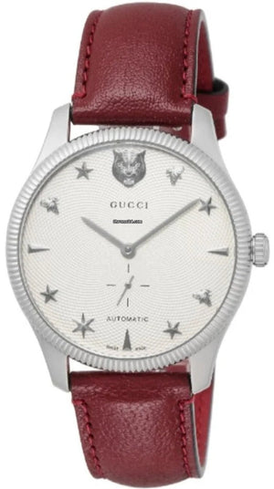 Gucci G Timeless Automatic Silver Dial Red Leather Strap Watch For Men - YA126346 Authentic Buy Shop Now