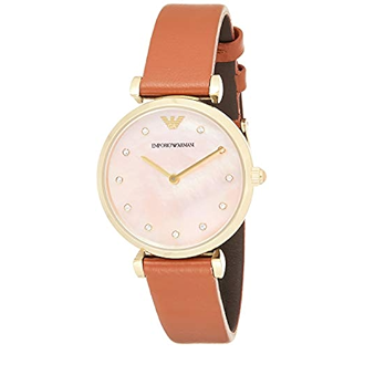 Emporio Armani Gianni T Bar Quartz Pink Mother of Pearl Dial Brown Leather Strap Watch For Women - AR1960 Authentic Buy Shop Now