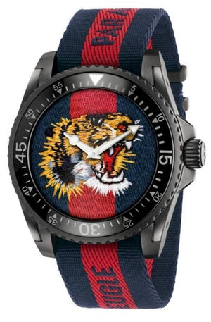 Gucci Dive Tiger Blue and Red Dial Blue Red Blue Nylon Strap Watch For Men - YA136215 Authentic Buy Shop Now