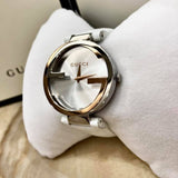 Gucci Interlocking 18K Gold Silver Dial White Leather Strap Watch For Women - YA133303 Authentic Buy Shop Now