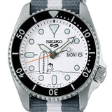 Seiko 5 Sports x Peanuts Surfboard Snoopy Limited Edition White Dial Two Tone NATO Strap Watch For Men - SRPK25K1 Authentic Buy Shop Now