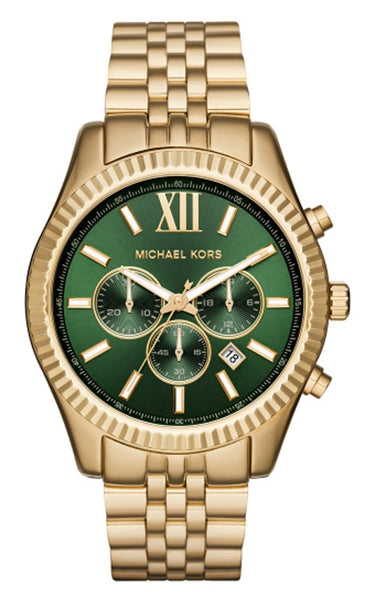 Michael Kors Lexington Chronograph Green Dial Gold Steel Strap Watch for Men - MK8446 Authentic Buy Shop Now