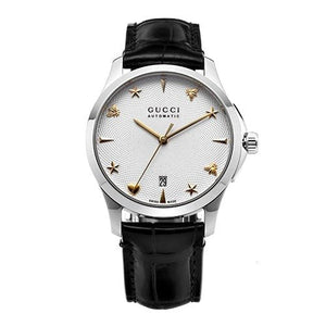 Gucci G Timeless Automatic Silver Dial Black Leather Strap Unisex Watch - YA126468 Authentic Buy Shop Now