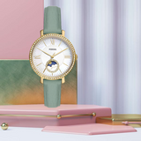 Fossil Jacqueline Analog Moonphase Mother of Pearl White Dial Green Leather Strap Watch for Women - ES5168 Authentic Buy Shop Now