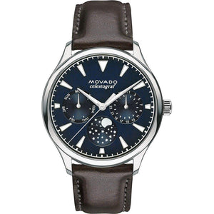 Movado Heritage Moonphase Blue Dial Brown Leather Strap Watch For Women - 3650009 Authentic Buy Shop Now