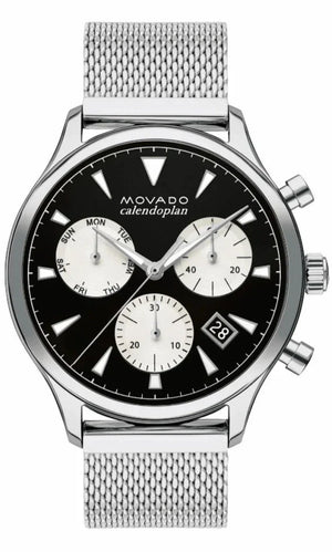 Movado Heritage Calendoplan Chronograph Black Dial Silver Mesh Strap Watch for Men - 3650097 Authentic Buy Shop Now