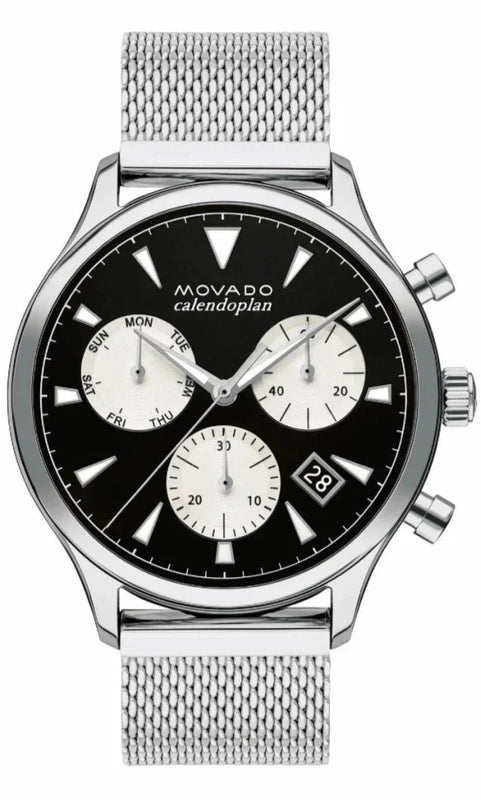 Movado Heritage Calendoplan Chronograph Black Dial Silver Mesh Strap Watch for Men - 3650097 Authentic Buy Shop Now