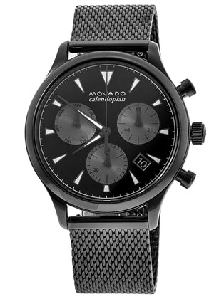 Movado Heritage Calendoplan Chronograph Black Dial Grey Mesh Strap Watch for Men - 3650100 Authentic Buy Shop Now