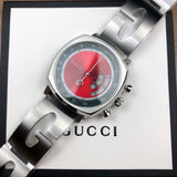 Gucci Grip Quartz Chronograph Red Dial Silver Steel Strap Watch For Men - YA157303 Authentic Buy Shop Now