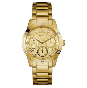 Guess Crystal Multifunction Gold Dial Gold Steel Strap Watch for Women - W0778L2 Authentic Buy Shop Now