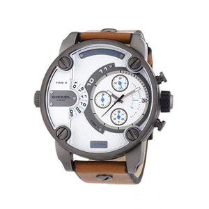 Diesel SBA Dual Time Chronograph White Dial Brown Leather Strap Watch For Men - DZ7269 Authentic Buy Shop Now