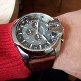 Diesel Mega Chief Chronograph Black Dial Brown Leather Strap Watch For Men - DZ4290 Authentic Buy Shop Now