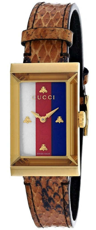 Gucci G-Frame Mother of Pearl Dial Brown Leather Snakeskin Strap Watch For Women - YA147402 Authentic Buy Shop Now