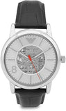 Emporio Armani Meccanico Silver Skeleton Dial Black Leather Watch For Men - AR1997 Authentic Buy Shop Now