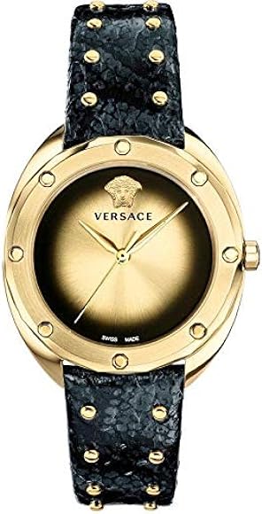 Versace Shadov Quartz Gold Dial Black Leather Strap Watch for Women - VEBM00318 Authentic Buy Shop Now