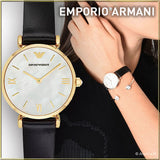 Emporio Armani Gianni T-Bar Quartz Mother of Pearl Dial Black Leather Strap Watch For Women - AR1910 Authentic Buy Shop Now