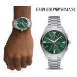 Emporio Armani Chronograph Green Dial Silver Steel Strap Watch For Men - AR11480 Authentic Buy Shop Now