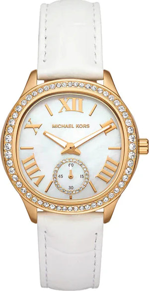 Michael Kors Sage Three-Hand Mother of Pearl White Dial White Leather Strap Watch for Women - MK4818 Authentic Buy Shop Now