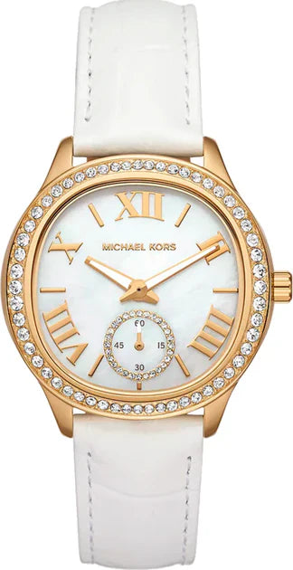 Michael Kors Sage Three-Hand Mother of Pearl White Dial White Leather Strap Watch for Women - MK4818 Authentic Buy Shop Now
