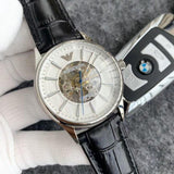 Emporio Armani Meccanico Silver Skeleton Dial Black Leather Strap Watch For Men - AR2072 Authentic Buy Shop Now