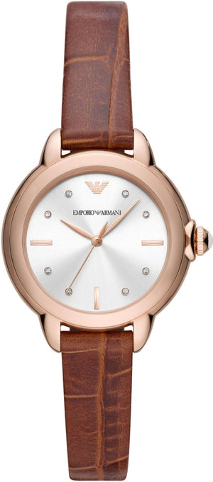 Emporio Armani Mia Quartz Silver Dial Brown Leather Strap Watch For Women - AR11525 Authentic Buy Shop Now