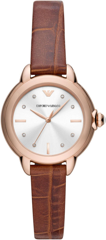 Emporio Armani Mia Quartz Silver Dial Brown Leather Strap Watch For Women - AR11525 Authentic Buy Shop Now