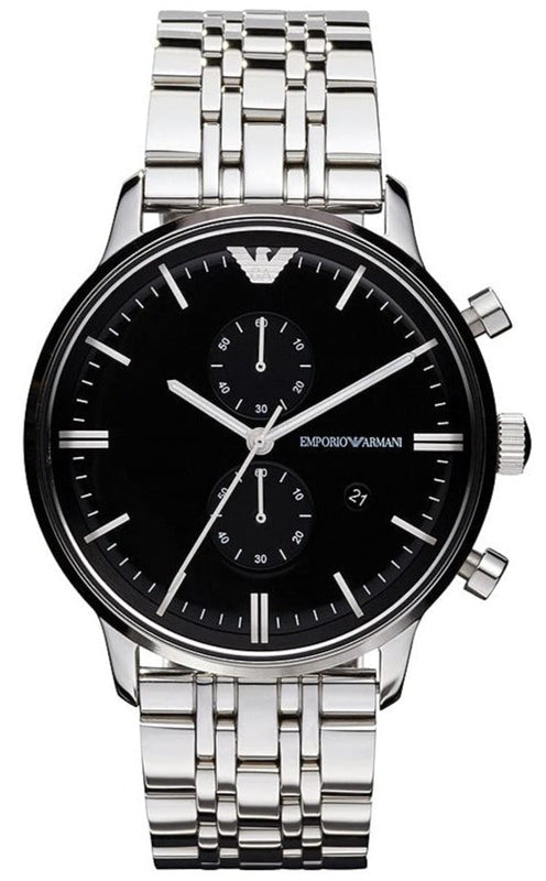 Emporio Armani Chronograph Black Dial Silver Steel Strap Watch For Men - AR0389 Authentic Buy Shop Now