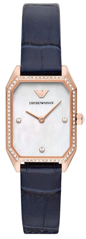 Emporio Armani Gianni T Bar Quartz Mother of Pearl Dial Blue Leather Strap Watch For Women - AR11466 Authentic Buy Shop Now