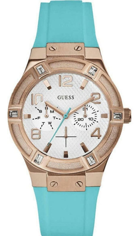Guess Jet Setter White Dial Turquoise Silicone Strap Watch For Women - W0564L3 Authentic Buy Shop Now
