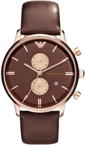 Emporio Armani Classic Chronograph Brown Dial Brown Leather Strap Watch For Men - AR0387 Authentic Buy Shop Now