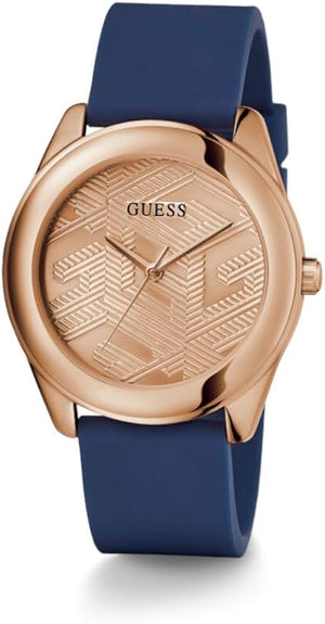 Guess Cubed Analog Rose Gold Dial Blue Leather Strap Watch For Women - GW0665L2 Authentic Buy Shop Now