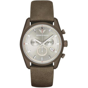 Emporio Armani Sportivo Chronograph Silver Dial Brown Leather Strap Watch For Men - AR6076 Authentic Buy Shop Now