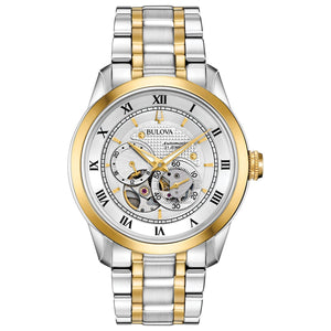 Bulova BVA Skeleton Silver Dial Two Tone Steel Strap Watch for Men - 98A230 Authentic Buy Shop Now