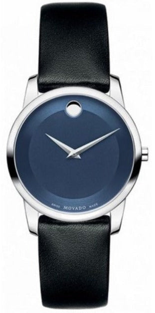 Movado Museum Blue Dial Black Leather Strap Watch For Women - 0606611 Authentic Buy Shop Now