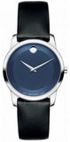 Movado Museum Blue Dial Black Leather Strap Watch For Women - 0606611 Authentic Buy Shop Now