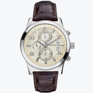 Guess Exec Chronograph White Dial Brown Leather Strap Watch For Men - W0076G2 Authentic Buy Shop Now