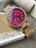 Michael Kors Mini Parker Multi-Function Plum Mother of Pearl Dial Rose Gold Steel Strap Watch For Women - MK6403 Authentic Buy Shop Now