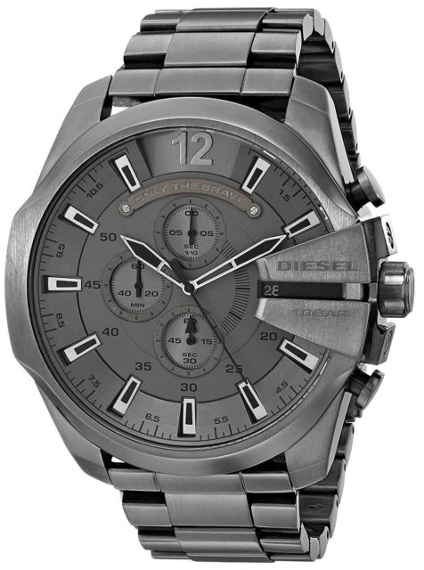 Diesel Mega Chief Chronograph Grey Dial Grey Steel Strap Watch for Men - DZ4282 Authentic Buy Shop Now