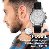 Fossil Buchanan Chronograph Silver Dial Black Leather Strap Watch for Men - FS5102 Authentic Buy Shop Now